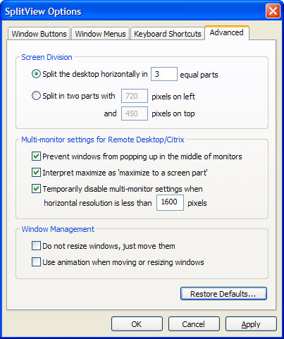 SplitView Advanced Options